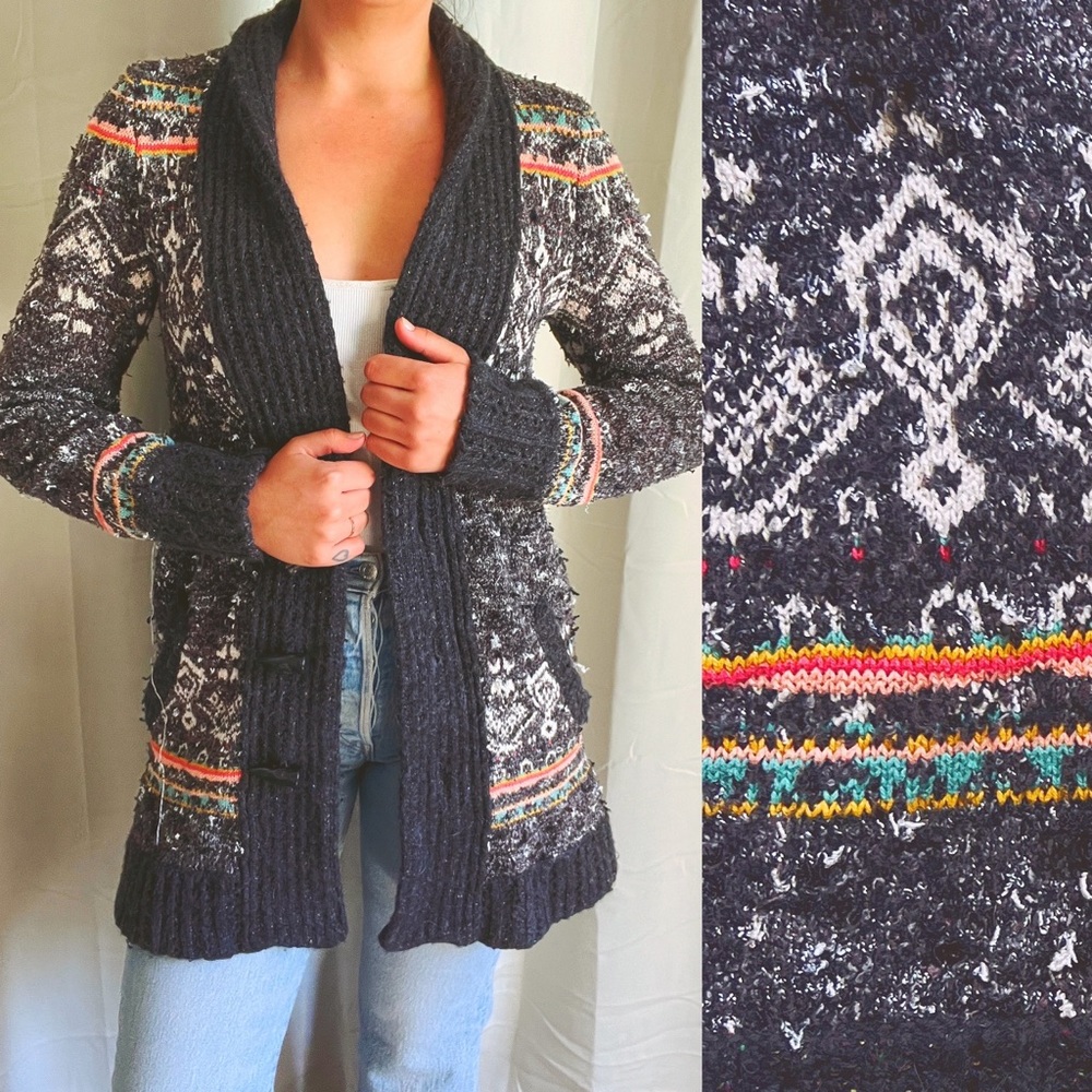 Free People Navy Multicolor Fair Isle Knit Cardigan